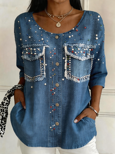 

Crew Neck Half Sleeve Faux Denim Print Graphic Lightweight Loose Shirt For Women, Denim blue, Shirts