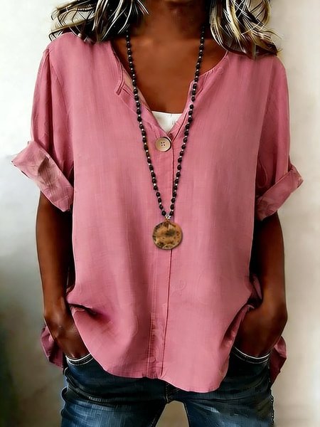 

V Neck Half Sleeve Plain Lightweight Loose Blouse For Women, Pink, Blouses