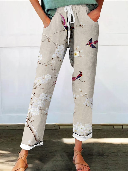 

Women Floral Long Pants Vintage Spring/Fall Trousers, Oatmeal, Pants