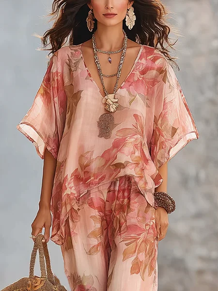 Vacation Floral Printing V Neck Blouse