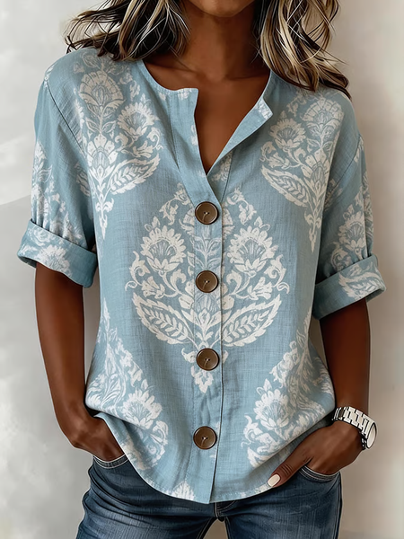

Stand Collar Long Sleeve Floral Buckle Regular Micro-Elasticity Regular Fit Shirt For Women, Blue, Shirts