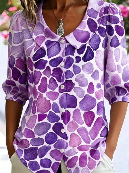 

Shawl Collar Half Sleeve Floral Regular Loose Shirt For Women, Purple, Shirts