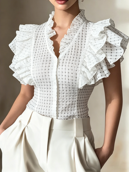 

Elegant Plain Peplum Lotus Leaf Collar Shirt, White, Blouses and Shirts