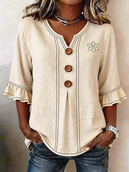 

V Neck Half Sleeve Floral Printing Regular Micro-Elasticity Regular Fit Blouse For Women, Apricot, Blouses