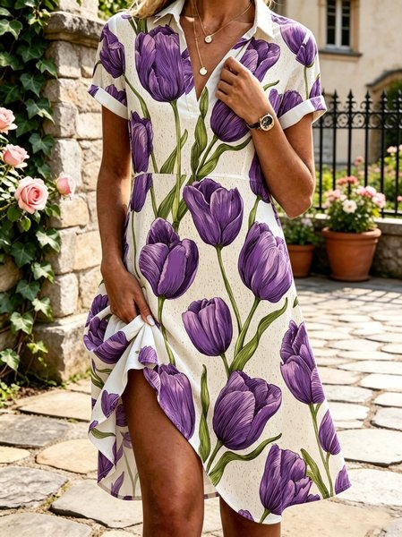 Women Floral Summer Dress Shirt Collar Short Sleeve A-Line Dress