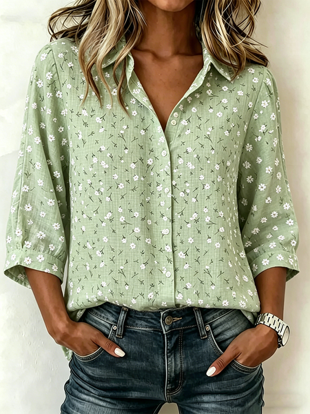 

Shawl Collar Half Sleeve Floral Lightweight Loose Blouse For Women, Green, Shirts