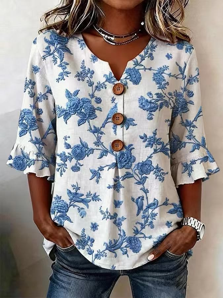 

Women Floral V Neck Half Sleeve Blouse Printing Vintage Daily Summer Top, White, Blouses