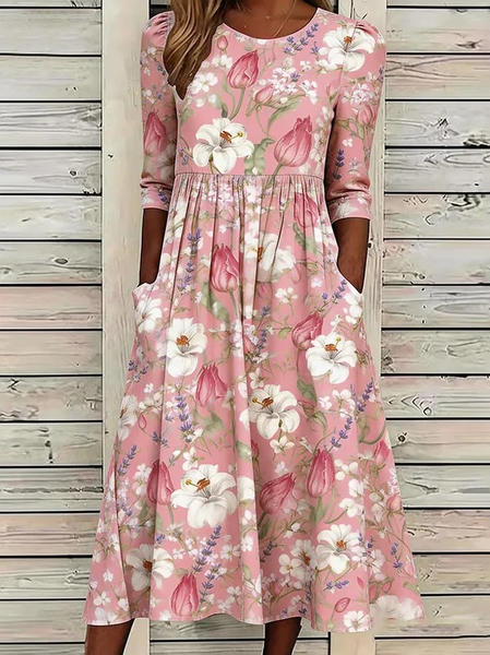 

Women Floral Summer Dress Crew Neck Half Sleeve A-Line Dress, Pink, Dresses
