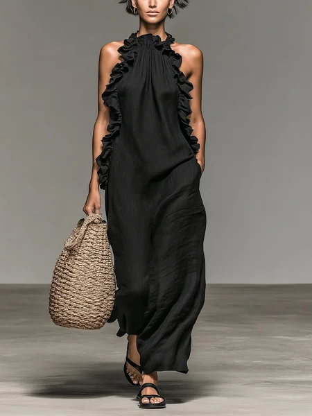 Cotton And Linen Casual Plain Peplum Halter Neck Maxi Dress