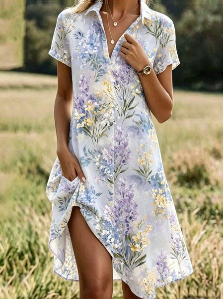 Women Floral Summer Dress Shirt Collar Short Sleeve A-Line Dress