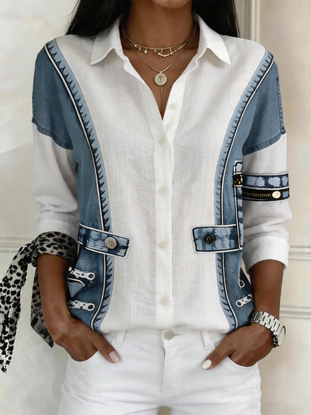 Shirt Collar Long Sleeve Faux Denim Print Graphic Regular Loose Shirt For Women