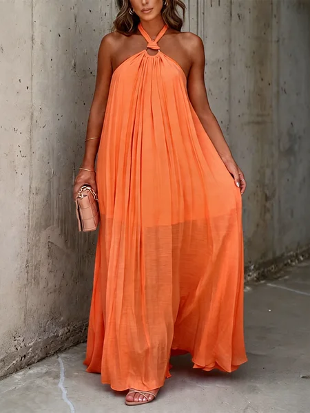 

Vacation Plain Halter Neck Maxi Dress, Orange, Maxi Dresses