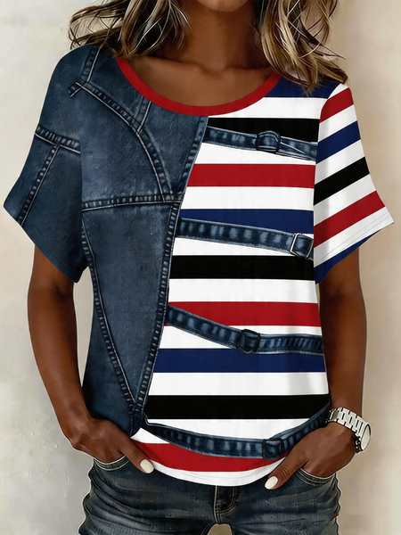 

Vintage Striped Crew Neck Short Sleeve T-shirt, Denim blue, T-shirts