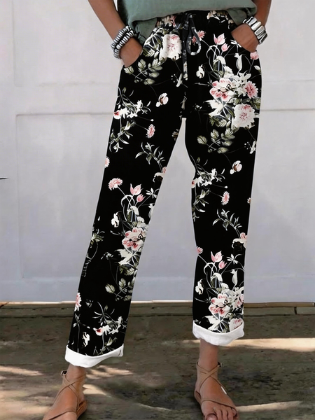 

Women Floral Long Pants Vintage Spring/Fall Trousers, Black, Pants