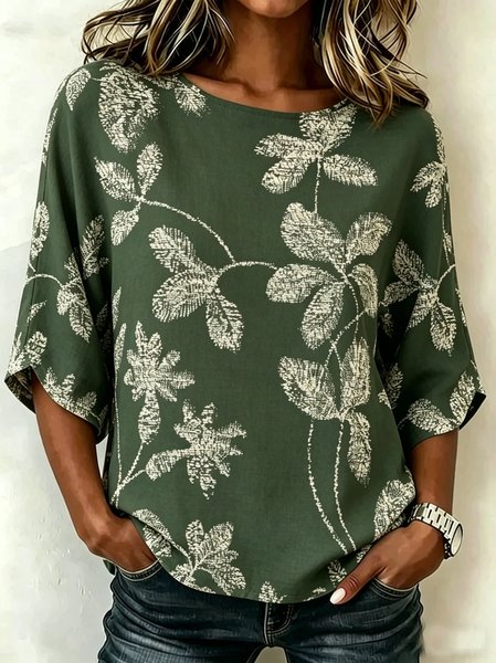 

Crew Neck Half Sleeve Floral Regular Loose Blouse For Women, Green, Blouses