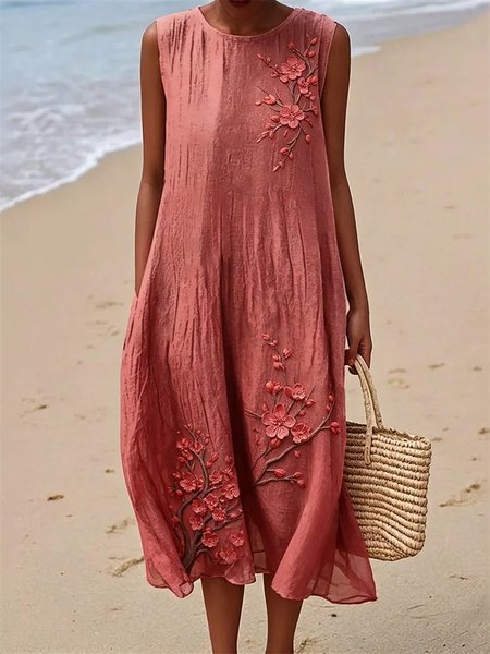 

Women Floral Summer Dress Crew Neck Sleeveless Tank H-Line Dress, Red, Dresses