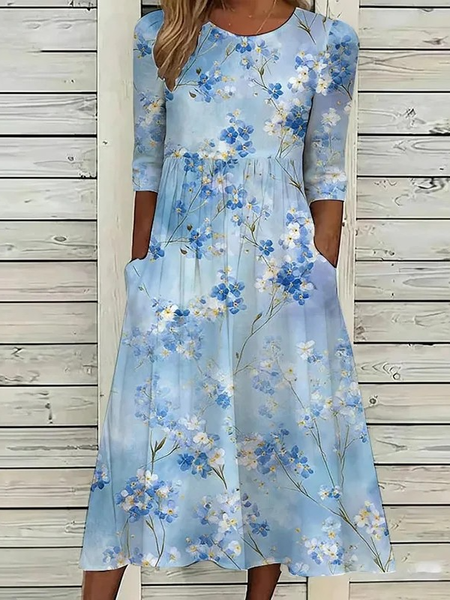 Women Floral Summer Dress Crew Neck Half Sleeve A-Line Dress