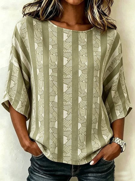 

Crew Neck Half Sleeve Striped Regular Loose Blouse For Women, Green, Blouses