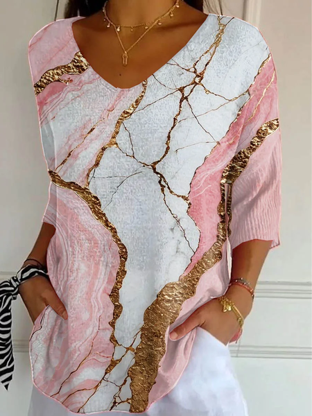

Women Abstract Three Quarter Sleeve Tee T-shirt V Neck Printing Casual Graphic Tee Spring/Fall Top, Pink, T-Shirts