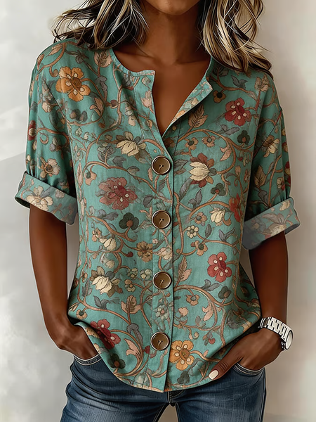 

Stand Collar Long Sleeve Floral Buckle Regular Micro-Elasticity Regular Fit Shirt For Women, Green, Shirts