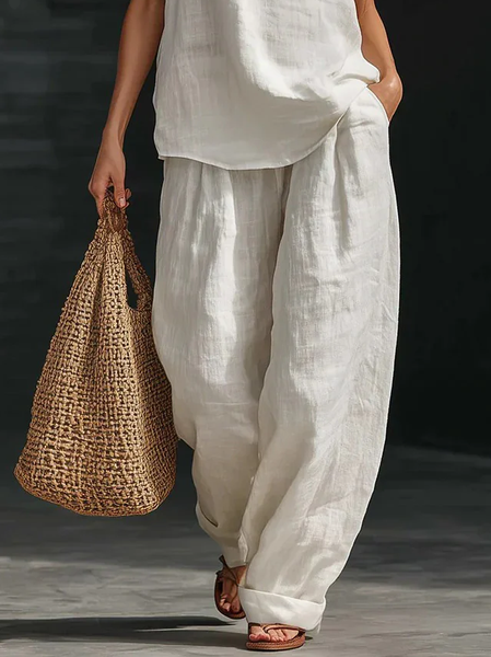 Cotton Casual Plain Wide Leg Pants Fashion Pants