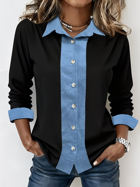 

Shirt Collar Long Sleeve Multicolor Block Regular Loose Shirt For Women, Black, Shirts
