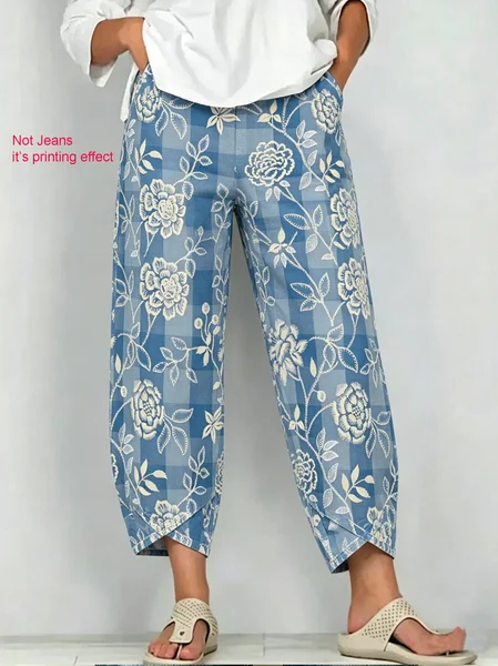 

Women Floral Capris Pants Casual Summer Trousers, Blue, Pants