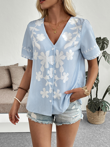 

V Neck Short Sleeve Striped Regular Regular Fit Blouse For Women, Blue, Blouses