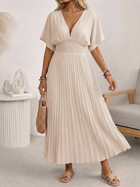 

Women Plain Summer Dress V Neck Short Sleeve Fit & Flare Dress A-Line Dress, Apricot, Dresses