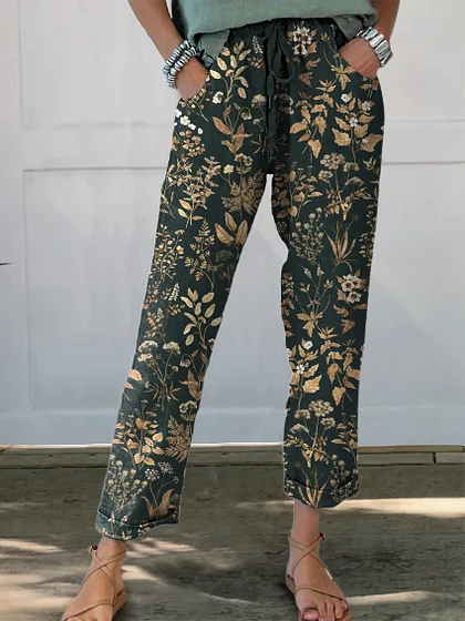

Women Floral Long Pants Vintage Spring/Fall Trousers, Green, Pants