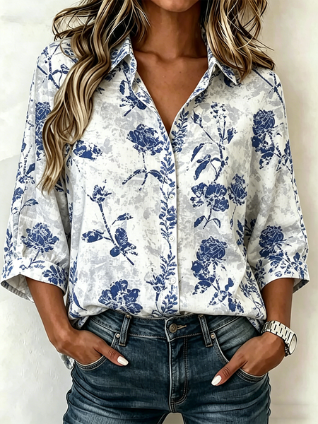 

Shawl Collar Half Sleeve Botanical Pattern Lightweight Loose Blouse For Women, Blue, Shirts