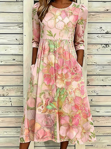 

Women Floral Summer Dress Crew Neck Half Sleeve A-Line Dress, As picture, Dresses