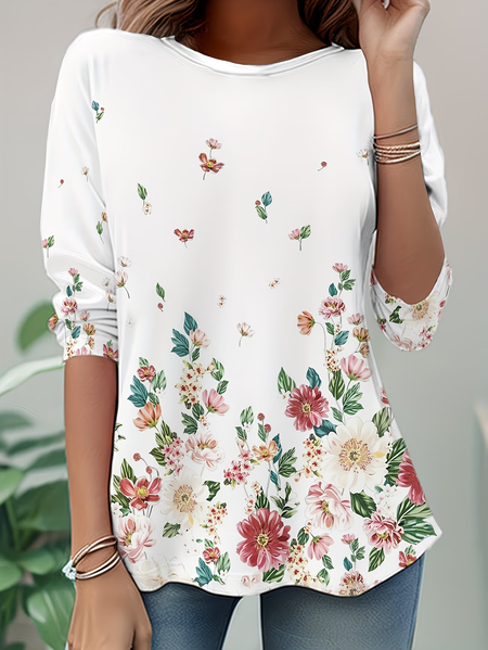 

Women Floral Long Sleeve Tee T-shirt Crew Neck Casual Tunic Spring/Fall Top, White, T-Shirts