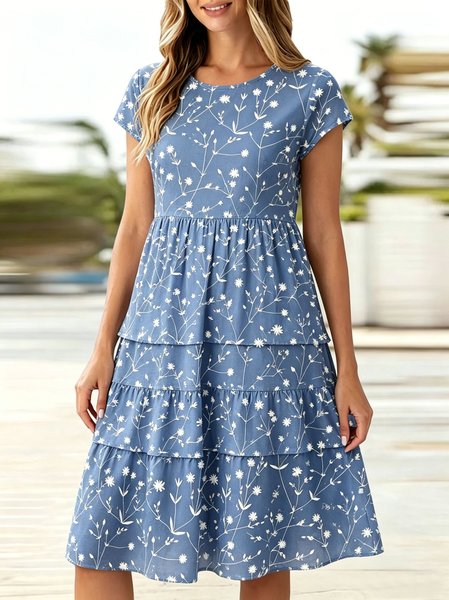 

Women Floral Summer Dress Crew Neck Cap Sleeve Fit & Flare Dress A-Line Dress, Blue, Dresses