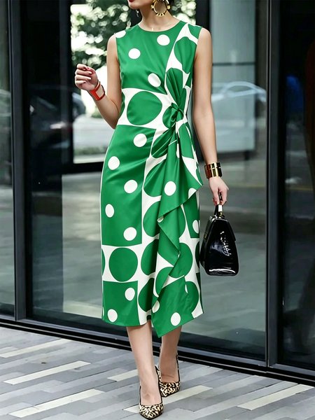 

Elegant Polka Dots Crew Neck Midi Dress, Green, Midi Dresses