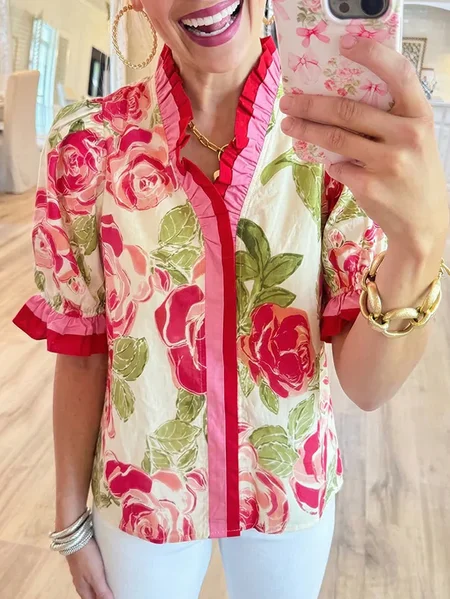 Urban Floral Printing Lotus Leaf Collar Shirt