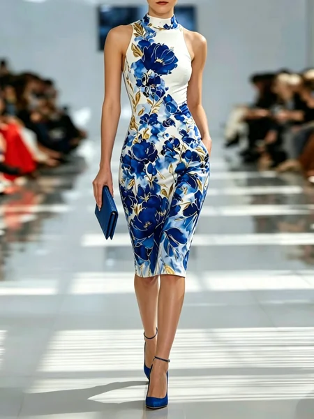 Elegant Floral Printing Mock Neck Midi Dress