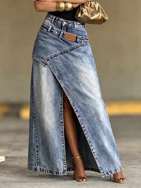 Casual Slit Plain Maxi Denim Skirt