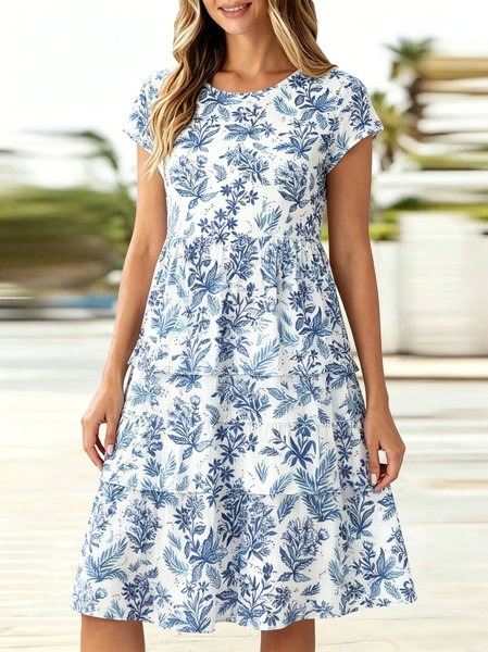 

Women Floral Summer Dress Crew Neck Cap Sleeve Fit & Flare Dress A-Line Dress, Blue, Dresses