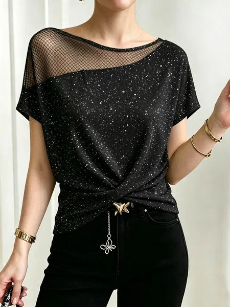 Casual Plain Stamped Silver Boat Neck Blouse