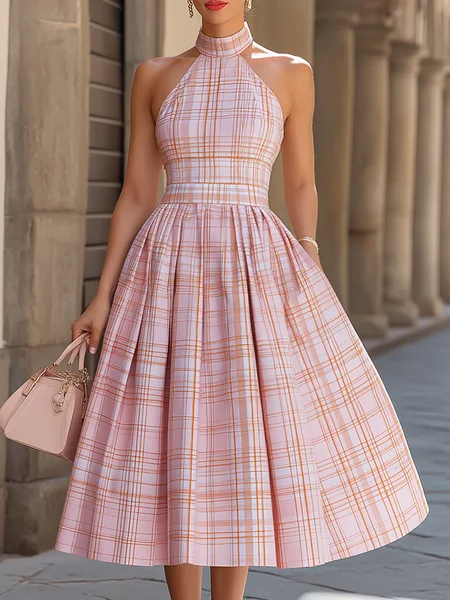 Elegant Plaid Halter Neck Midi Dress