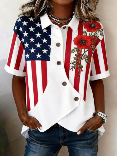 

Shawl Collar Short Sleeve America Flag Regular Loose Shirt For Women, White, Blouses