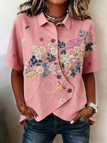 

Shawl Collar Short Sleeve 3D Printing Regular Loose Shirt For Women, Pink, Blouses