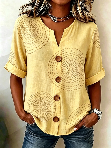 

Stand Collar Long Sleeve Geometric Regular Loose Shirt For Women, Yellow, Blouses