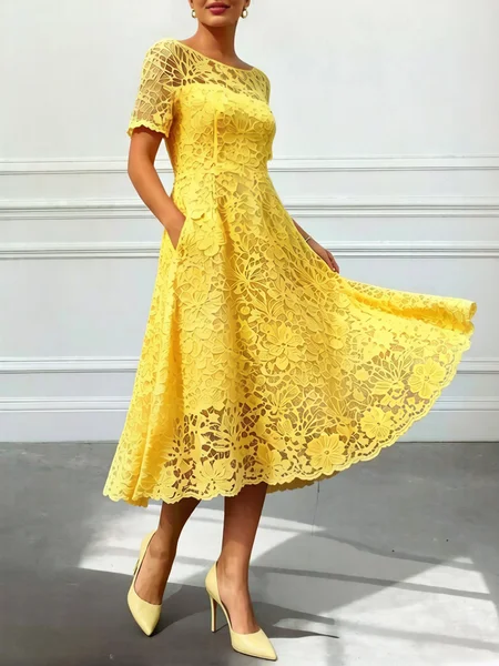 Elegant Plain Lace Crew Neck Midi Dress