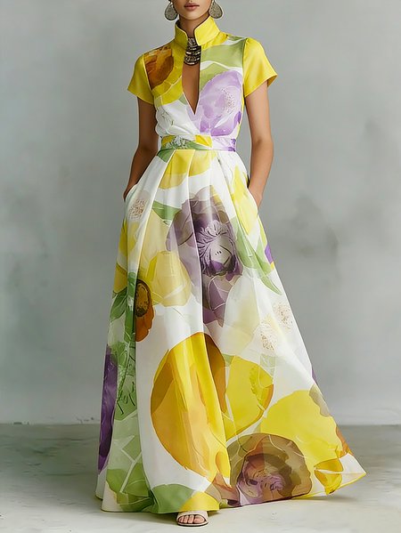 Plus Size Vacation Floral Printing Stand Collar Maxi Dress