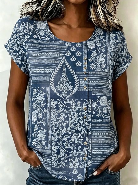 

Crew Neck Short Sleeve Paisley Regular Loose Blouse For Women, Denim blue, Blouses