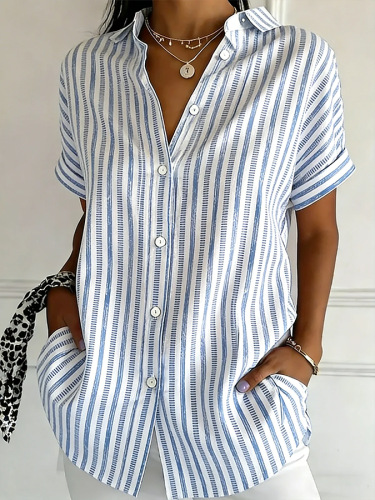 Shawl Collar Short Sleeve Striped Regular Loose Shirt For Women