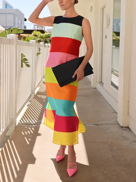 

Vacation Colorblock Printing Crew Neck Maxi Dress, As picture, Maxi Dresses