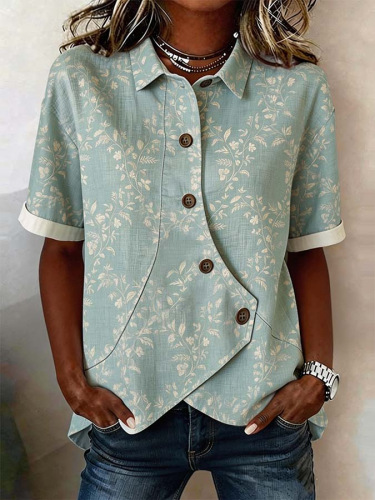 

Shawl Collar Short Sleeve Striped Regular Loose Shirt For Women, Green, Blouses